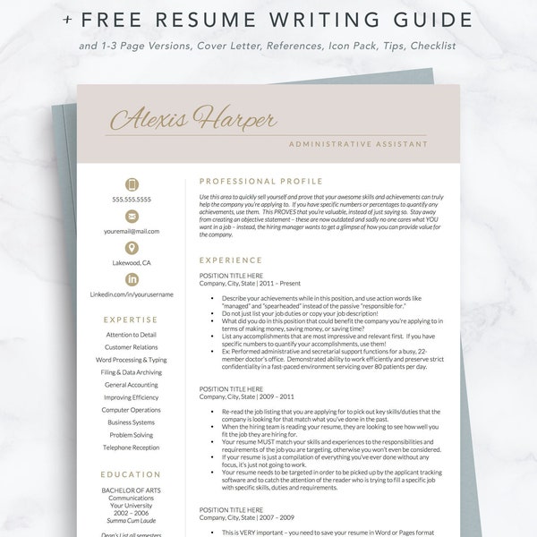 Administrative Resume Template for Word & Pages, Pink Resume Template, Chic Resume Template Executive Assistant Resume, Instant Download