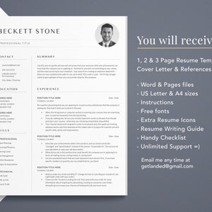 May include: A black and white resume template with a professional headshot of a man. The resume template includes contact information, education, skills, and experience. The text "You will receive: 1, 2 & 3 Page Resume Templates Cover Letter & References" is in a light brown font on a gray background.