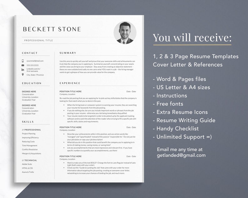 May include: A black and white resume template with a professional headshot of a man. The resume template includes contact information, education, skills, and experience. The text "You will receive: 1, 2 & 3 Page Resume Templates Cover Letter & References" is in a light brown font on a gray background.