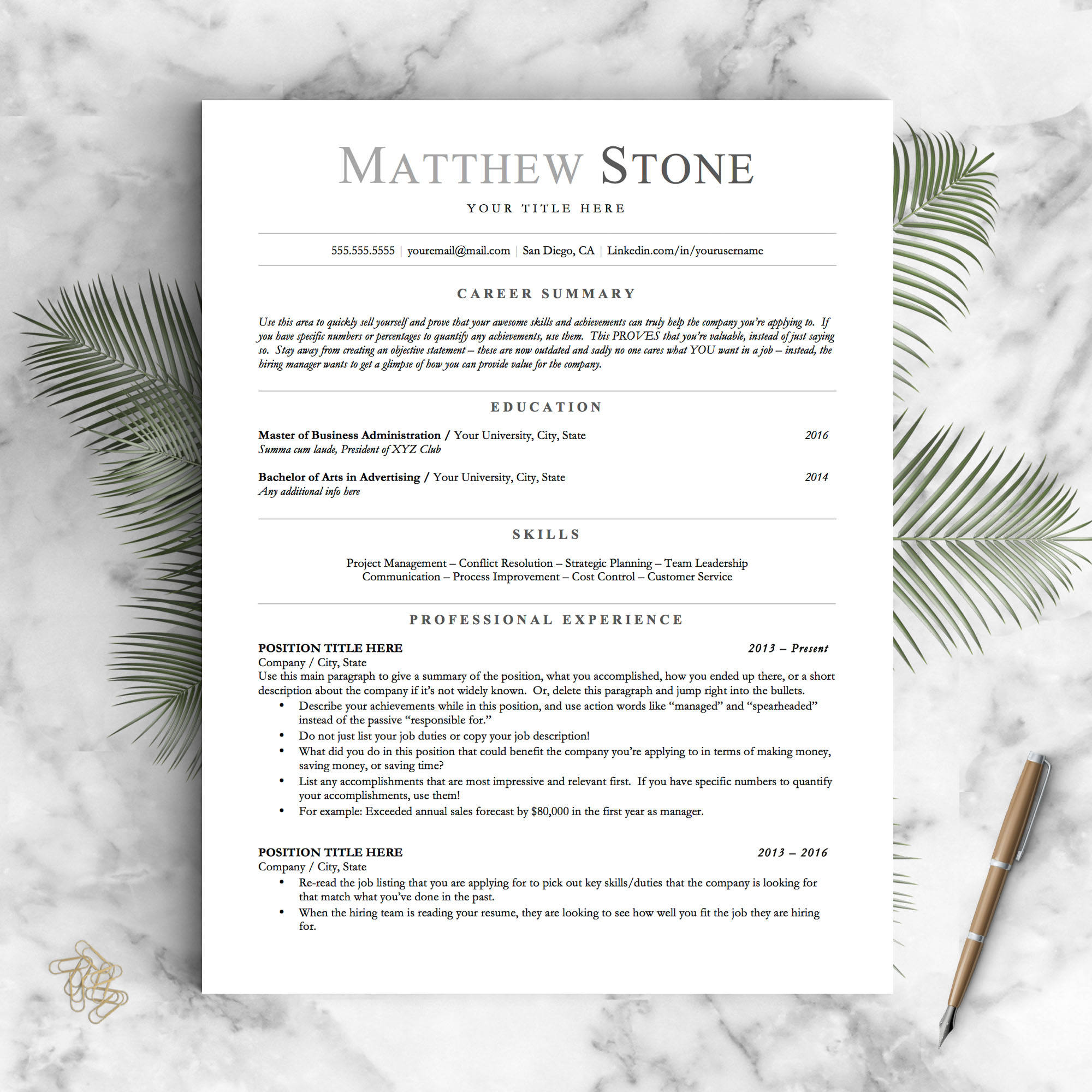Professional Resume Template For Word Pages And Open Fice