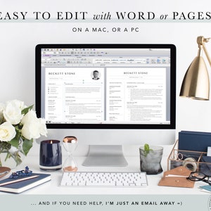 May include: A white desktop computer with a resume displayed on the screen. The resume is titled "Beckett Stone" and is easy to edit with Word or Pages on a Mac or PC. The computer is on a white desk with a blue candle, an hourglass, a glass of ice water, a blue notebook, a pencil, a keyboard, a brown leather envelope, a clear organizer with blue and white items, and a pair of glasses.