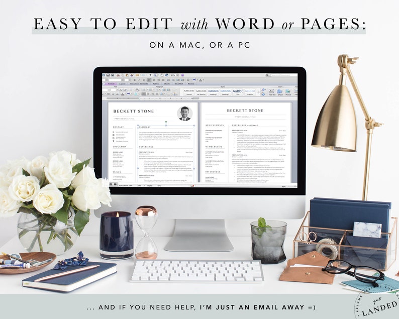 May include: A white desktop computer with a resume displayed on the screen. The resume is titled "Beckett Stone" and is easy to edit with Word or Pages on a Mac or PC. The computer is on a white desk with a blue candle, an hourglass, a glass of ice water, a blue notebook, a pencil, a keyboard, a brown leather envelope, a clear organizer with blue and white items, and a pair of glasses.