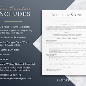 May include: A resume template for Matthew Stone, featuring a professional summary, skills, professional experience, and education sections. The template includes a cover letter and references, files for Google Docs, Word, Pages, and OpenOffice, US Letter and A4 sizes, instructions, free fonts, and a resume writing guide and checklist.