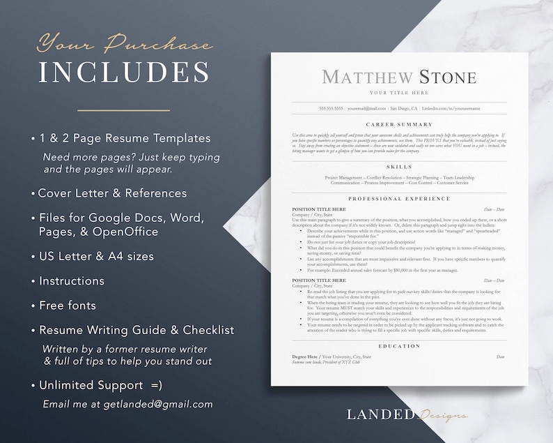 May include: A resume template for Matthew Stone, featuring a professional summary, skills, professional experience, and education sections. The template includes a cover letter and references, files for Google Docs, Word, Pages, and OpenOffice, US Letter and A4 sizes, instructions, free fonts, and a resume writing guide and checklist.