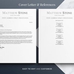 May include: A black and white cover letter and references template for Matthew Stone. The cover letter includes a sample message to a hiring manager. The references section includes a list of references with their names, titles, companies, phone numbers, and email addresses.
