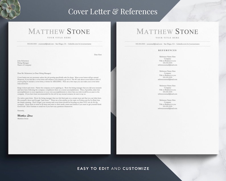 May include: A black and white cover letter and references template for Matthew Stone. The cover letter includes a sample message to a hiring manager. The references section includes a list of references with their names, titles, companies, phone numbers, and email addresses.