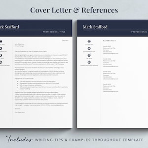 May include: A black and white cover letter and references template for Mark Stafford. The cover letter includes a professional title, contact information, and a section highlighting key achievements. The references page includes a list of references with their names, titles, companies, and contact information.