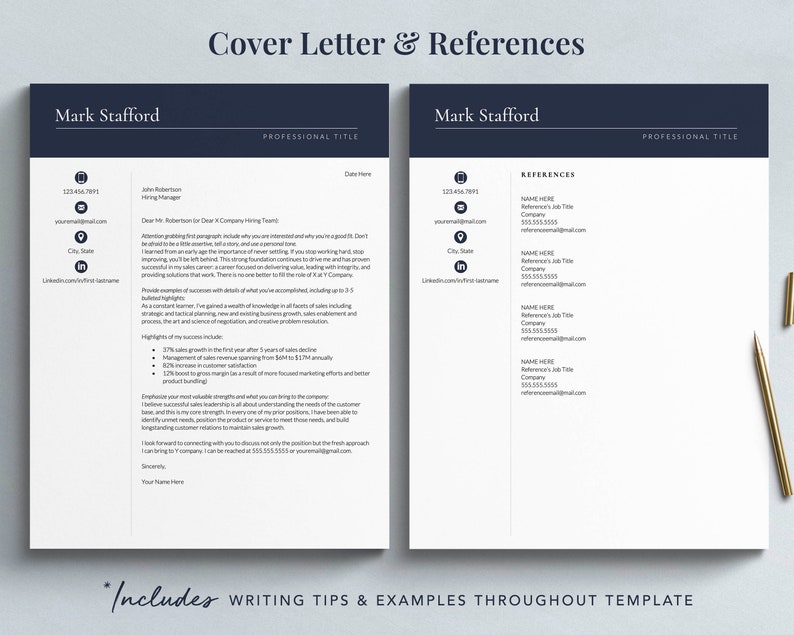 May include: A black and white cover letter and references template for Mark Stafford. The cover letter includes a professional title, contact information, and a section highlighting key achievements. The references page includes a list of references with their names, titles, companies, and contact information.