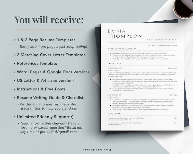 May include: A resume template with a black and white design. The template includes a professional summary, experience, education, and professional title sections. The text "EMMA THOMPSON" is at the top of the page.