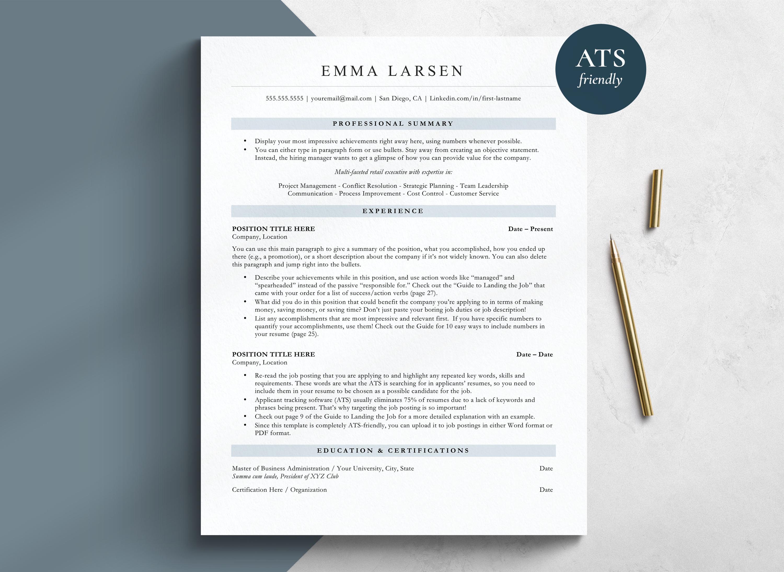 ATS Friendly Resume Template for Google Docs, Word and Pages Resume, ATS Compatible Resume Template, Professional Executive Resume Template