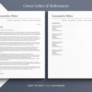 Op de afbeelding: Een zwart-witte sjabloon voor een sollicitatiebrief en referenties voor Cassandra Miles. De sollicitatiebrief bevat een sectie over het opbouwen van klantrelaties en het verhogen van de verkoop. De referentie-sectie biedt ruimte voor vier referenties met hun namen, functiebenamingen, bedrijven en e-mailadressen.