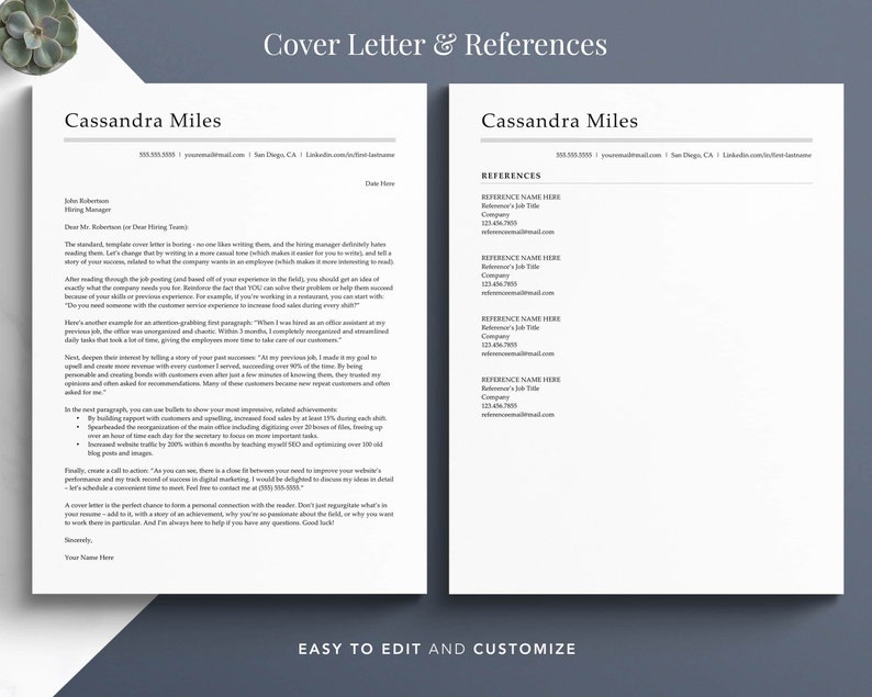 Op de afbeelding: Een zwart-witte sjabloon voor een sollicitatiebrief en referenties voor Cassandra Miles. De sollicitatiebrief bevat een sectie over het opbouwen van klantrelaties en het verhogen van de verkoop. De referentie-sectie biedt ruimte voor vier referenties met hun namen, functiebenamingen, bedrijven en e-mailadressen.