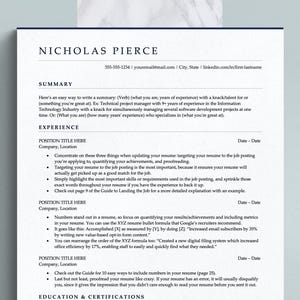 May include: A resume template with the name "Nicholas Pierce" at the top. The document includes sections for a summary, experience, and education. A gold pen and pencil are placed on the right side of the resume.