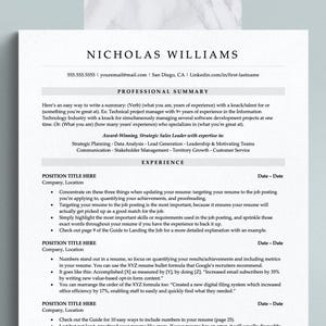 May include: A black and white resume template with the title "Nicholas Williams" at the top. The resume includes a professional summary, experience section, and a list of skills. The resume is formatted with bullet points and headings.