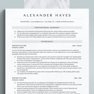 May include: A black and white resume template with the title "Alexander Hayes" at the top. The resume includes sections for professional summary, experience, and position title. The template provides tips for writing a resume, including using action words and quantifying accomplishments.