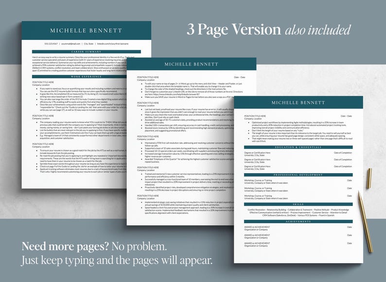 Google Docs Resume Template, 3 page resume for google docs, word and mac pages