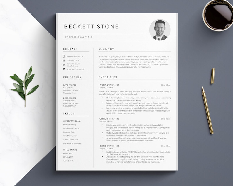 May include: A black and white resume template with a professional headshot of a man. The resume includes sections for contact information, education, experience, and skills. The text on the resume is in a simple, clean font.