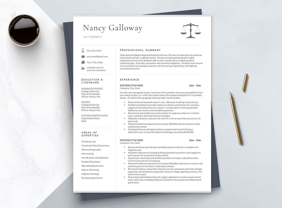 Legal Resume Template For Word Pages Lawyer Resume Etsy UK