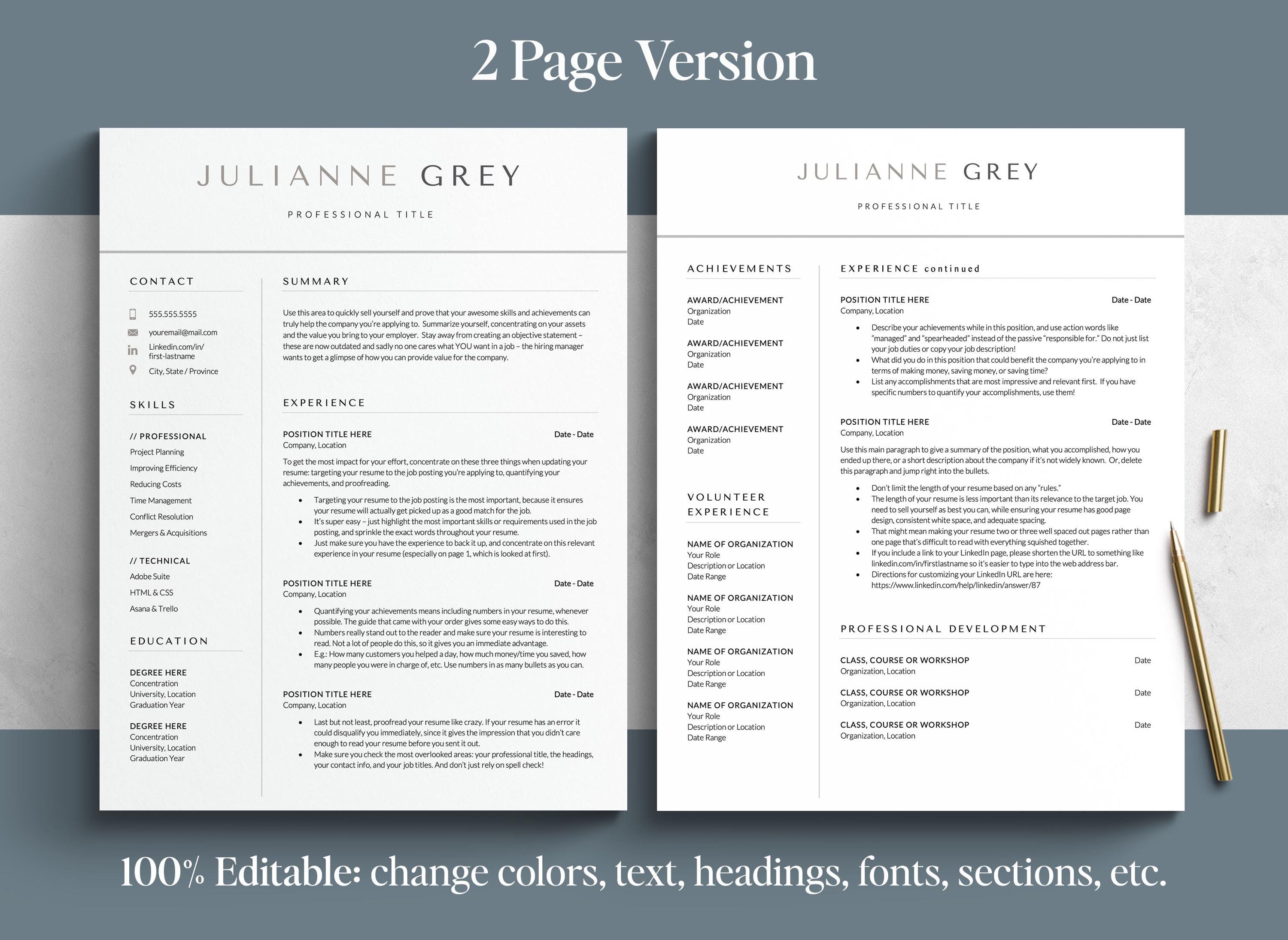 Modern Resume Template for Google Docs, Word and Mac Pages, 1-5 Page ...