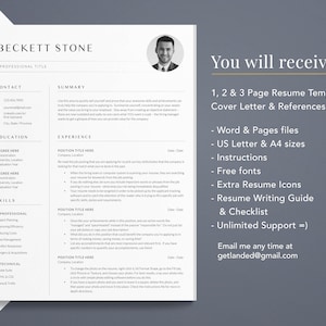 May include: A black and white resume template with a professional headshot and a summary of the services offered. The text reads "You will receive: 1, 2 & 3 Page Resume Templates, Cover Letter & References, Word & Pages files, US Letter & A4 sizes, Instructions, Free fonts, Extra Resume Icons, Resume Writing Guide & Checklist, Unlimited Support =), Email me any time at getlanded@gmail.com"
