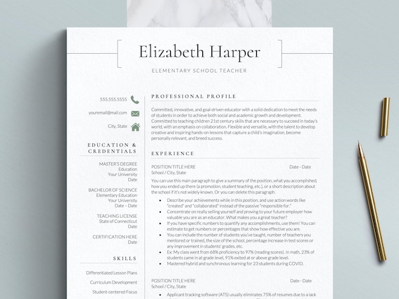 Teacher Resume Template for Google Docs, Word & Pages | Substitute, Teaching Assistant, Elementary, High School, Student Teacher Resume CV