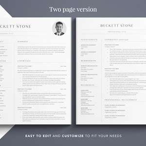 May include: A two-page resume template with a modern, minimalist design. The template features a professional headshot, contact information, education, skills, experience, achievements, memberships, references, and professional development sections. The template is easy to edit and customize to fit your needs.