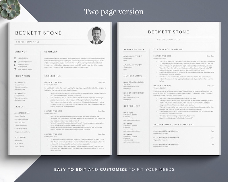 May include: A two-page resume template with a modern, minimalist design. The template features a professional headshot, contact information, education, skills, experience, achievements, memberships, references, and professional development sections. The template is easy to edit and customize to fit your needs.