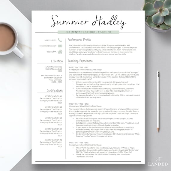 Teacher Resume Template For Word And Pages 2 Page Teacher Etsy