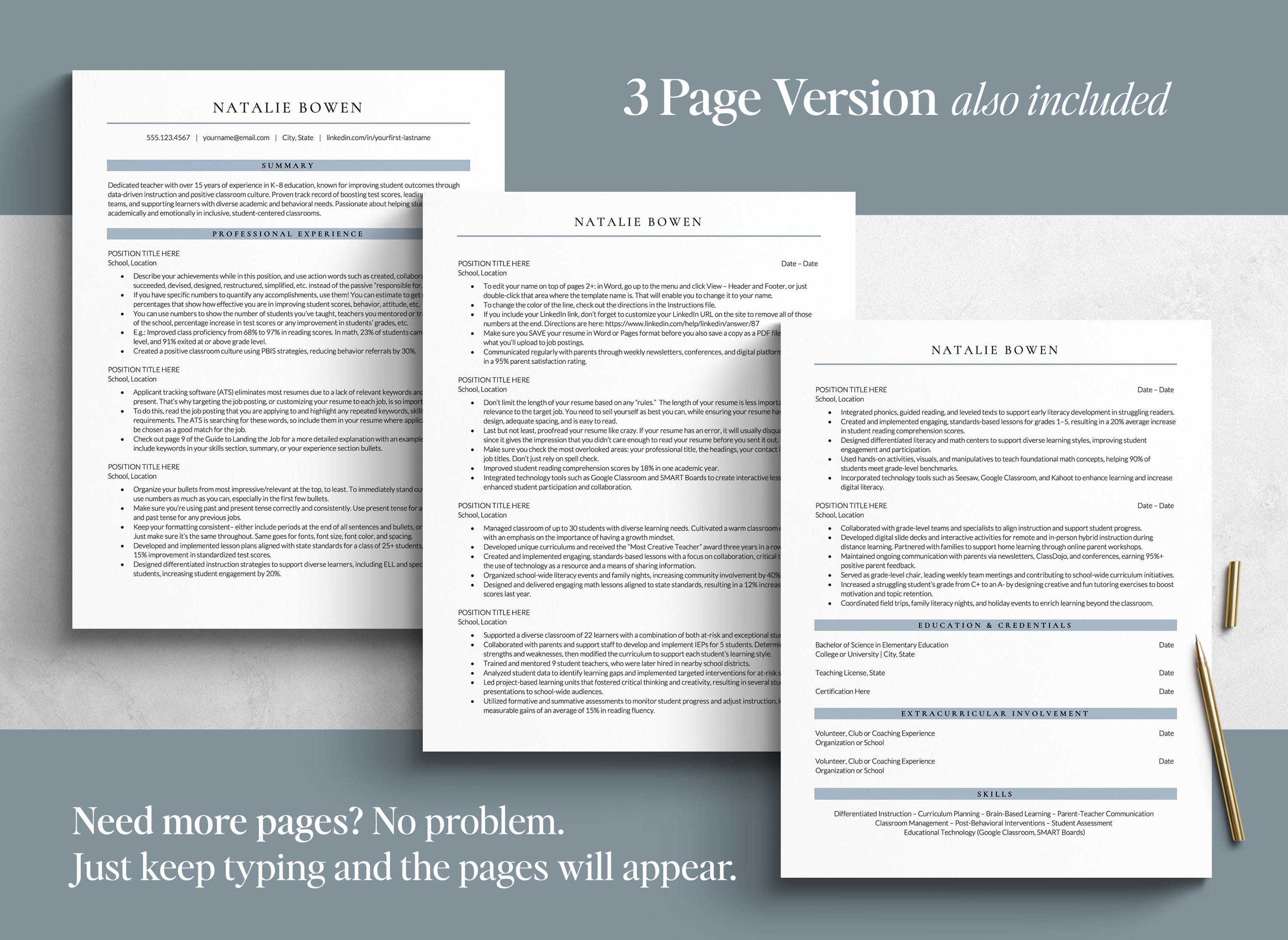 Teacher Resume Template for Google Docs, Word & Pages | ATS Friendly ...