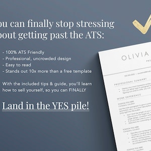 K&ouml;nnte beinhalten: Eine Lebenslaufvorlage mit dem Text "Sie k&ouml;nnen endlich aufh&ouml;ren, sich &uuml;ber die ATS zu stressen: 100 % ATS-freundlich - Professionelles, &uuml;bersichtliches Design - Leicht lesbar - Sticht 10-mal mehr hervor als eine kostenlose Vorlage" und "Landen Sie im JA-Stapel!" Die Vorlage soll Arbeitssuchenden helfen, einen professionellen Lebenslauf zu erstellen, der bei Arbeitgebern auff&auml;llt.