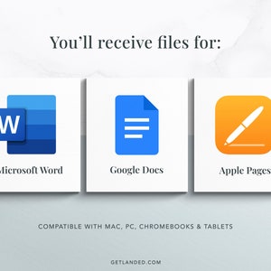 May include: Three icons representing popular word processing programs: Microsoft Word, Google Docs, and Apple Pages. The icons are blue, light blue, and orange, respectively.