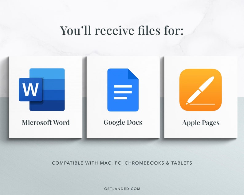 May include: Three icons representing popular word processing programs: Microsoft Word, Google Docs, and Apple Pages. The icons are blue, light blue, and orange, respectively.
