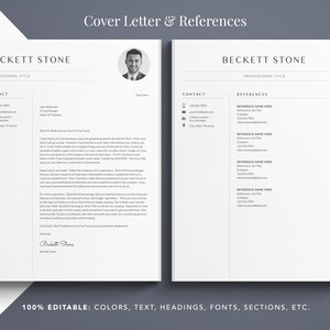 May include: A black and white cover letter and references template for a job application. The template includes sections for contact information, references, and a cover letter. The text is editable and can be customized to fit the applicant's needs.