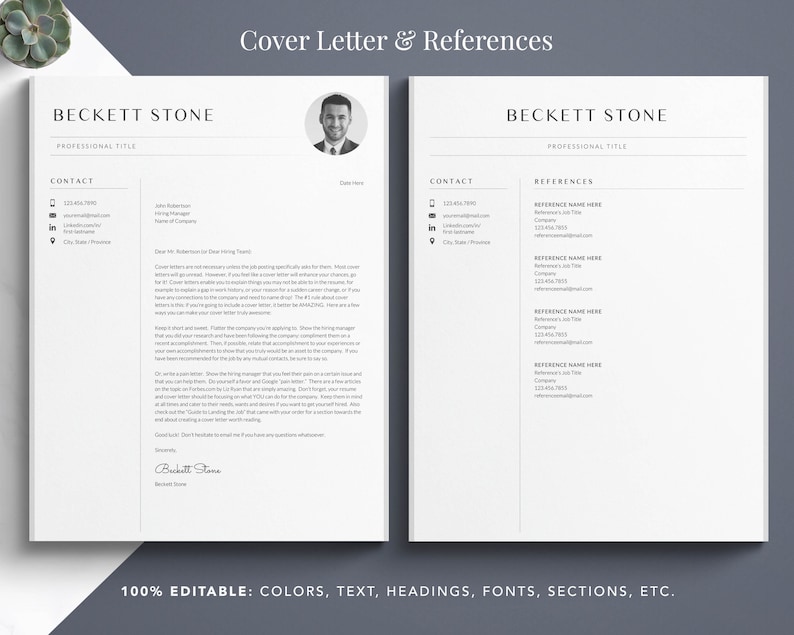 May include: A black and white cover letter and references template for a job application. The template includes sections for contact information, references, and a cover letter. The text is editable and can be customized to fit the applicant's needs.
