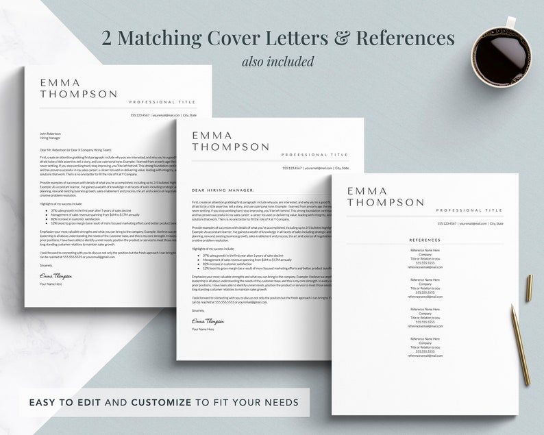 May include: A set of three documents with a white background and black text. The documents are titled "Emma Thompson" and include a cover letter and references. The text "2 Matching Cover Letters & References also included" is at the top of the page.