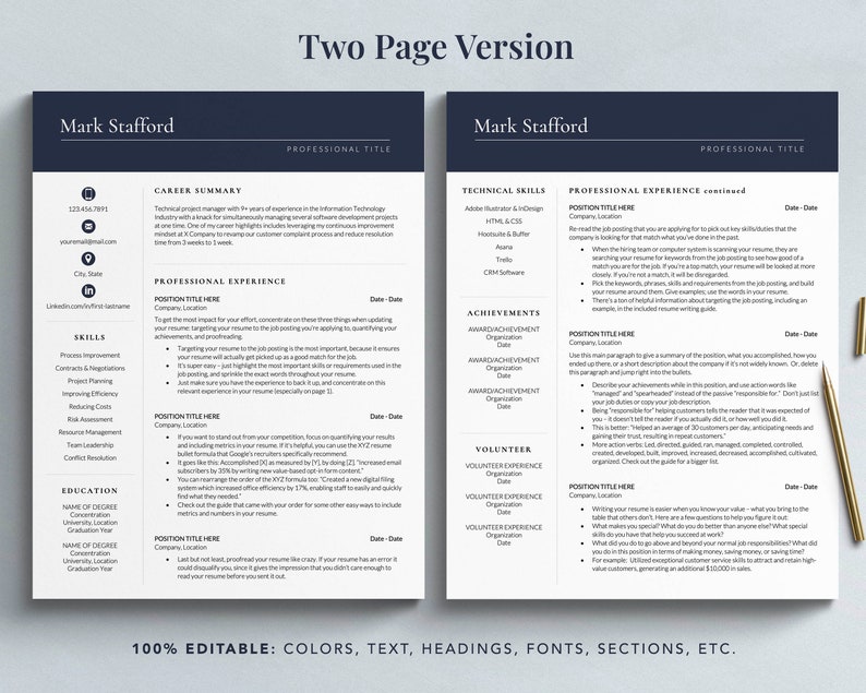 Executive Resume Template for Word, Apple Pages & Google Docs One, Two and Three Page Resume Template Professional CV Template image 3
