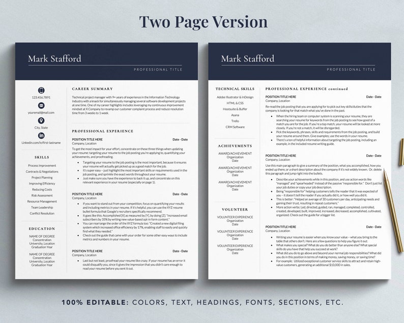 May include: A two-page resume template with a dark blue header and white text. The resume includes sections for career summary, skills, professional experience, education, achievements, volunteer experience, and technical skills. The template is 100% editable and includes colors, text, headings, fonts, sections, and more.