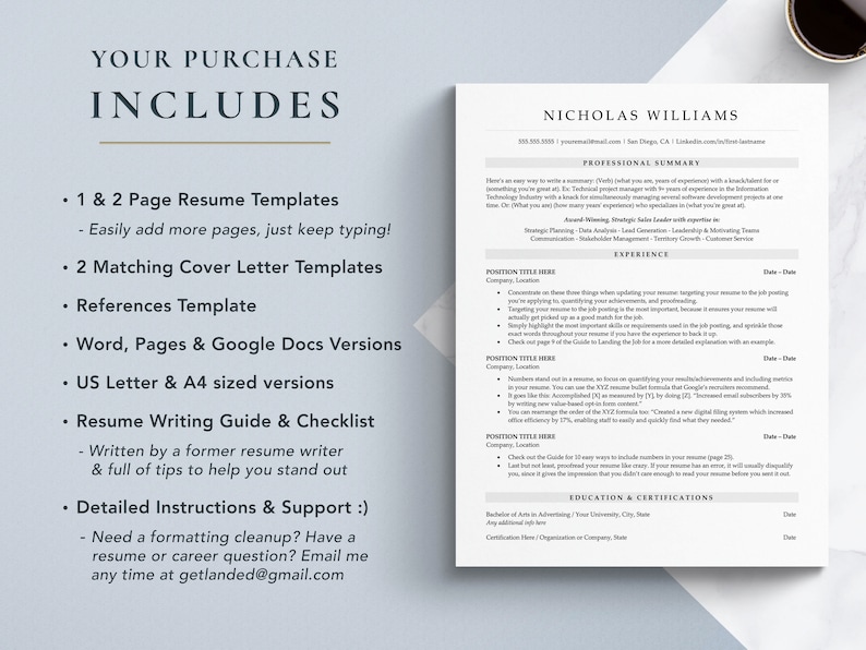 ATS Friendly Resume Template With Cover Letter for Google Docs, Word ...