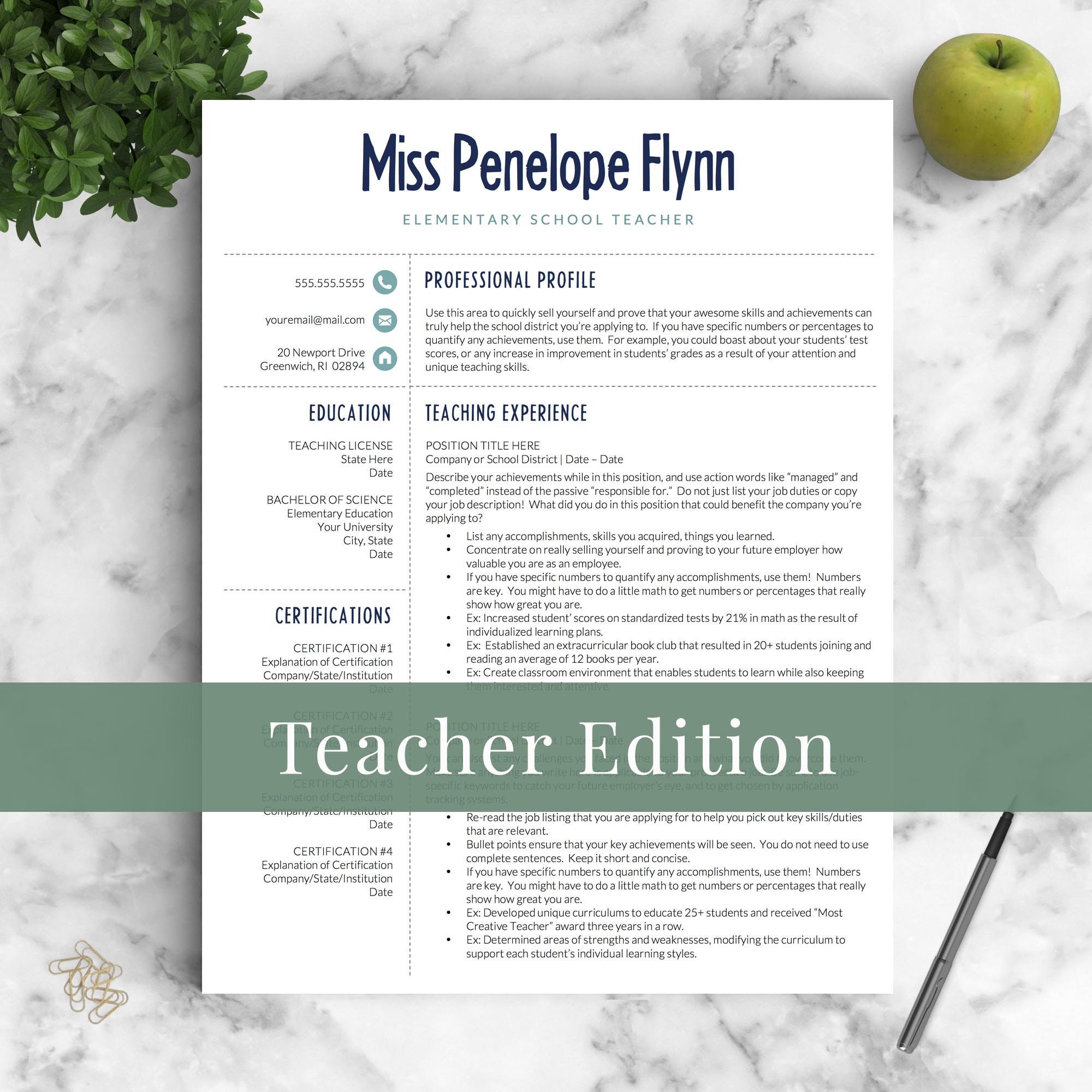 Elementary Teacher Resume Template for Word & Pages 13 Page Etsy