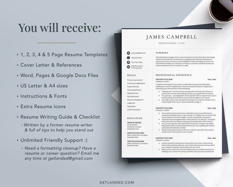 get landed resume templates include 1, 2, 3, 4, 5 page resume templates, cover letter template, references, word pages and google docs files, resume icon pack, resume writing guide, ceo resume template word