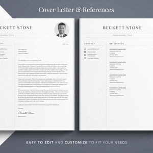 May include: A black and white cover letter and references template with the name Beckett Stone at the top of each page. The cover letter includes a sample letter and contact information. The references page includes a list of references with their names, titles, companies, phone numbers, and email addresses.