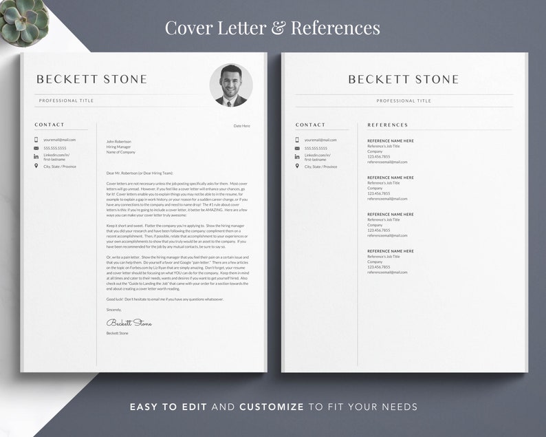 May include: A black and white cover letter and references template with the name Beckett Stone at the top of each page. The cover letter includes a sample letter and contact information. The references page includes a list of references with their names, titles, companies, phone numbers, and email addresses.