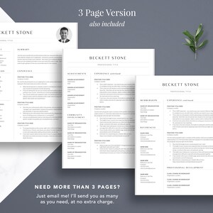 May include: A three-page resume template with the name Beckett Stone at the top of each page. The template includes sections for contact information, summary, education, experience, skills, awards and achievements, community involvement, memberships, references, and professional development.