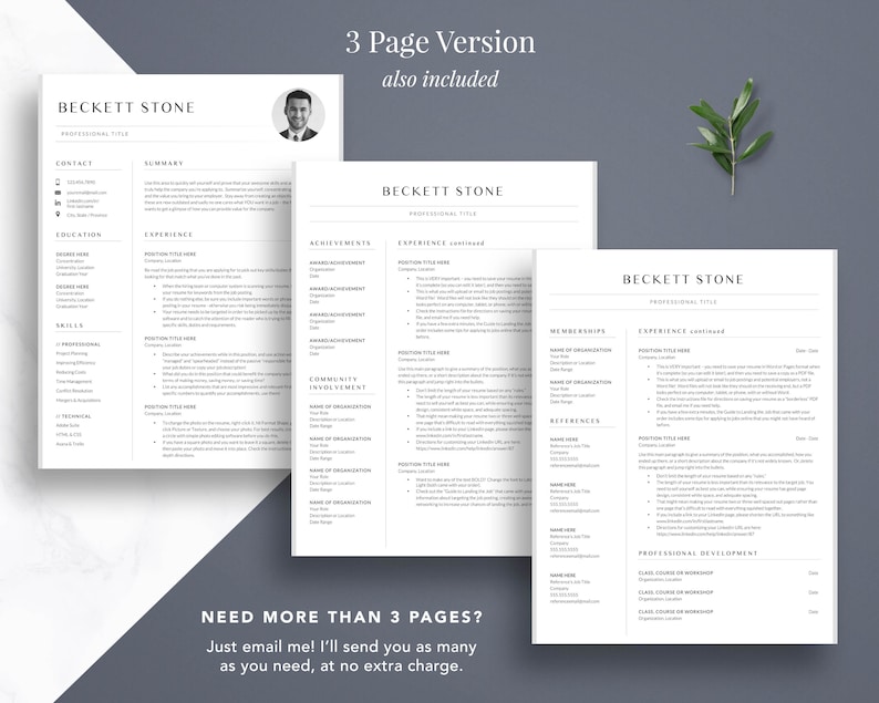 May include: A three-page resume template with the name Beckett Stone at the top of each page. The template includes sections for contact information, summary, education, experience, skills, awards and achievements, community involvement, memberships, references, and professional development.