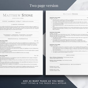 May include: A two-page resume template with the name Matthew Stone at the top of each page. The template includes sections for career summary, skills, professional experience, education, and professional development. The text "ADD AS MANY PAGES AS YOU NEED - KEEP TYPING & THE PAGES WILL APPEAR." is at the bottom of the page.