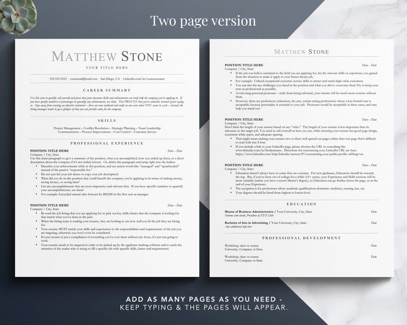 May include: A two-page resume template with the name Matthew Stone at the top of each page. The template includes sections for career summary, skills, professional experience, education, and professional development. The text "ADD AS MANY PAGES AS YOU NEED - KEEP TYPING & THE PAGES WILL APPEAR." is at the bottom of the page.