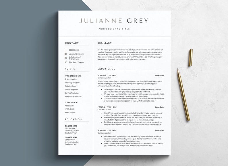 Modern Resume Template for Google Docs, Word and Mac Pages, 1-5 Page ...