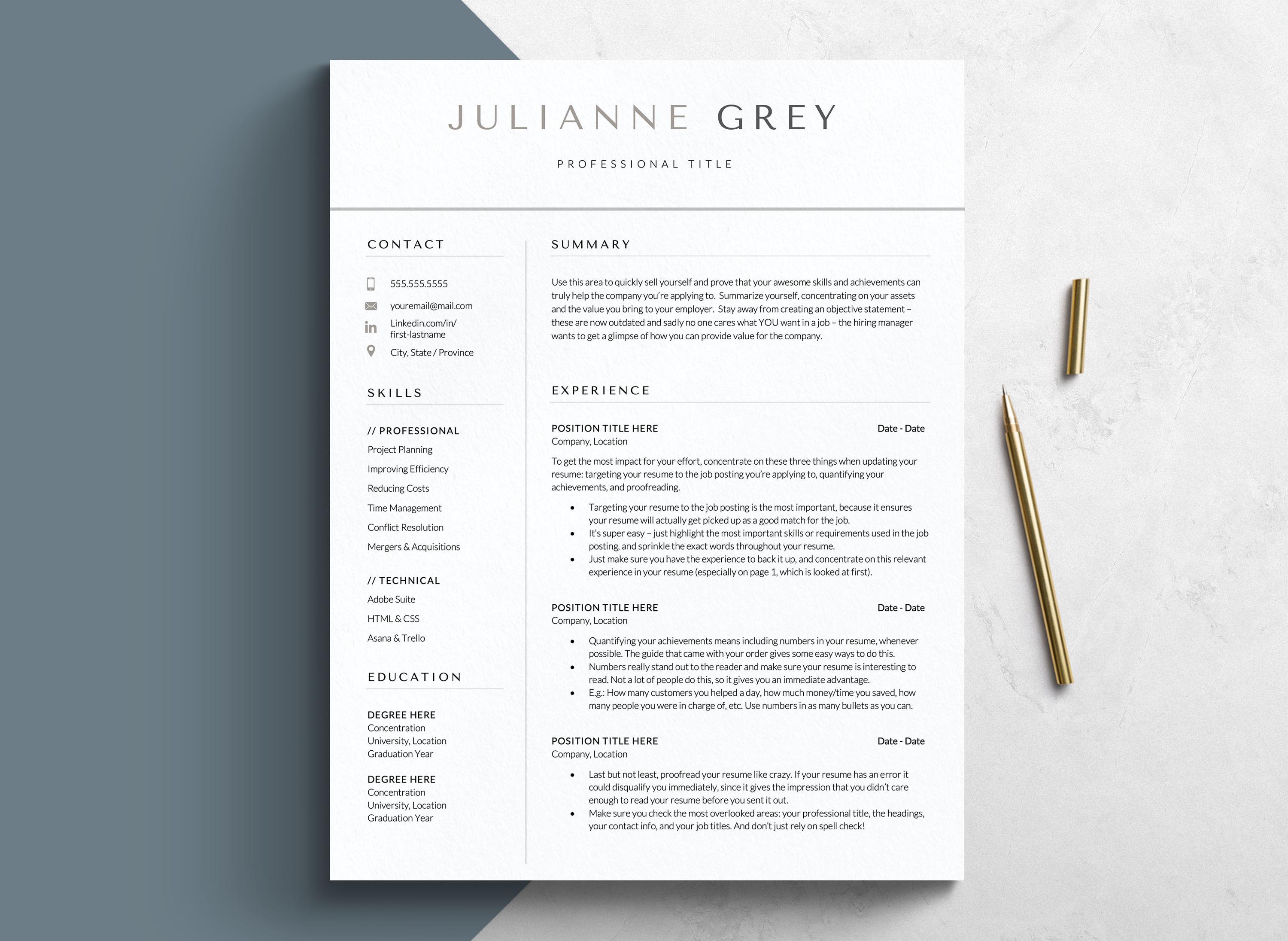 Modern Resume Template for Google Docs, Word and Mac Pages, 1-5 Page ...