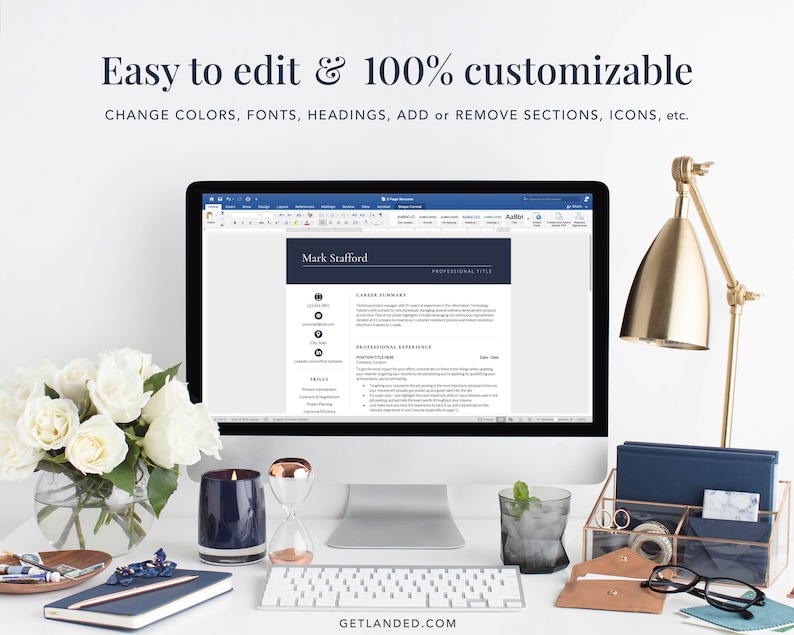 May include: A computer screen displaying a resume template in a word processing program. The resume is for Mark Stafford and includes sections for career summary, professional experience, skills, and projects. The text "Easy to edit & 100% customizable" is displayed above the computer screen. The text "CHANGE COLORS, FONTS, HEADINGS, ADD or REMOVE SECTIONS, ICONS, etc." is displayed below the computer screen.