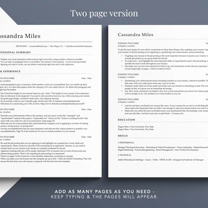 Op de afbeelding: Een cv-sjabloon van twee pagina's met een professioneel ontwerp. Het sjabloon bevat secties voor een professionele samenvatting, werkervaring, opleiding en vaardigheden. Het cv is ontworpen om sollicitanten te helpen een visueel aantrekkelijke en informatieve cv te maken.
